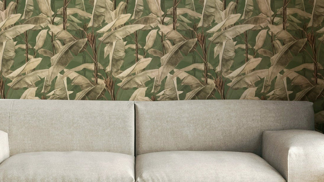 Floral and leaf wallpaper mural creating a peaceful atmosphere.

