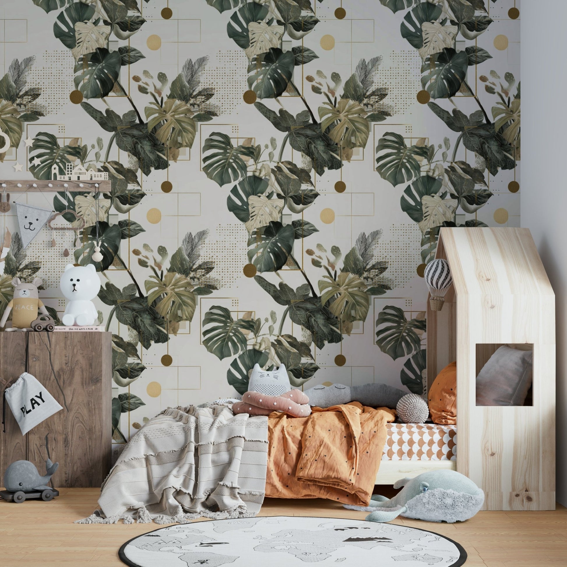 Gold lines and green foliage in contemporary wallpaper

