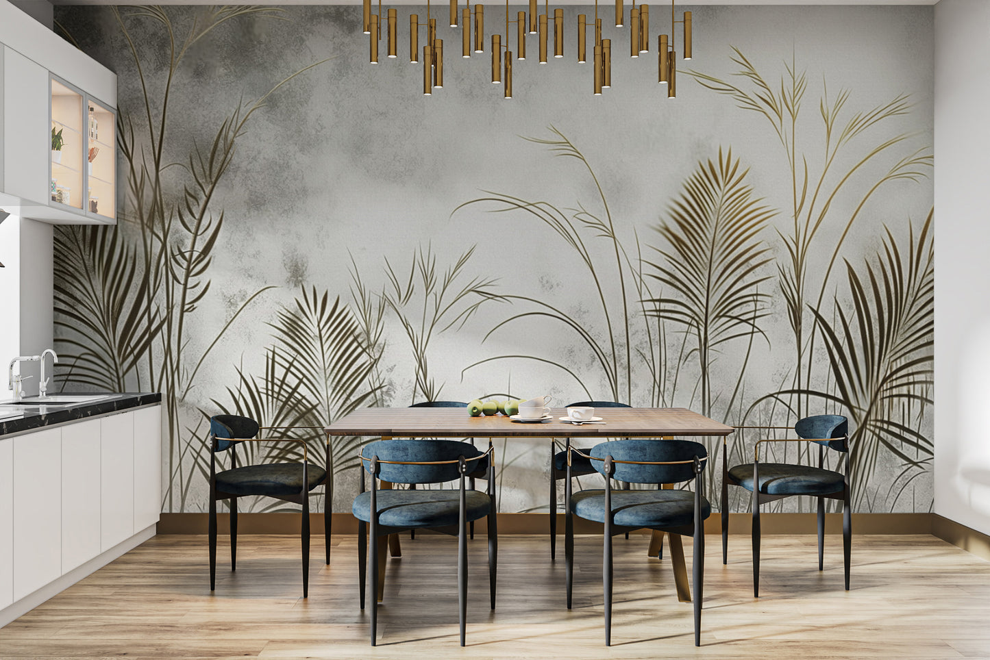 Fresque murale botanique à feuilles dorées