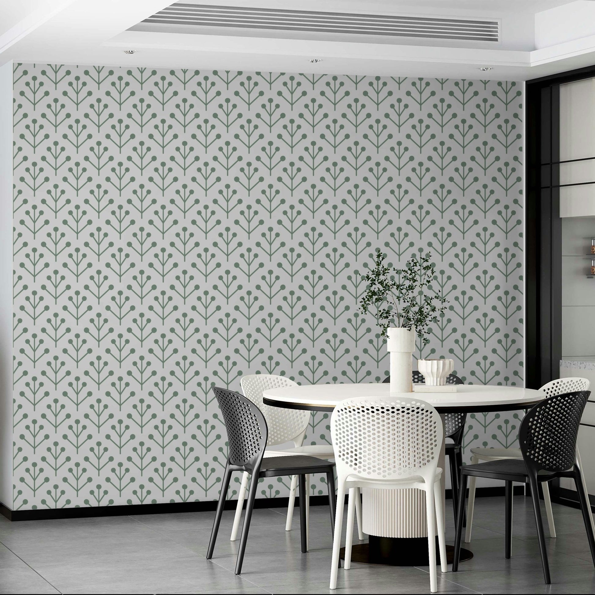 Sage green foliage wallpaper on off-white base

