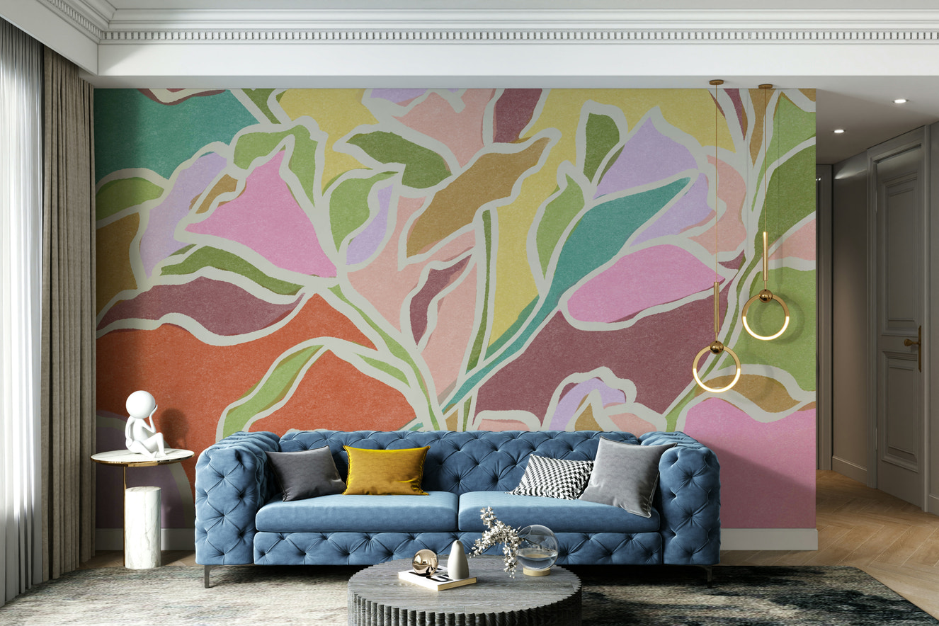 A wall mural featuring a peaceful, natural botanical scene.

