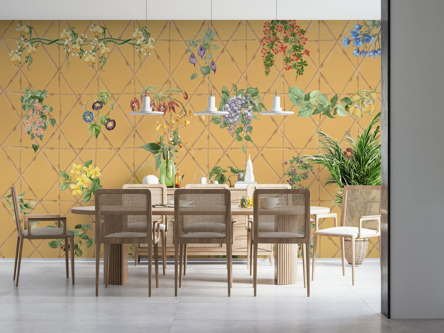 Home office wall with leafy lattice wallpaper mural, tidy backdrop for home styling