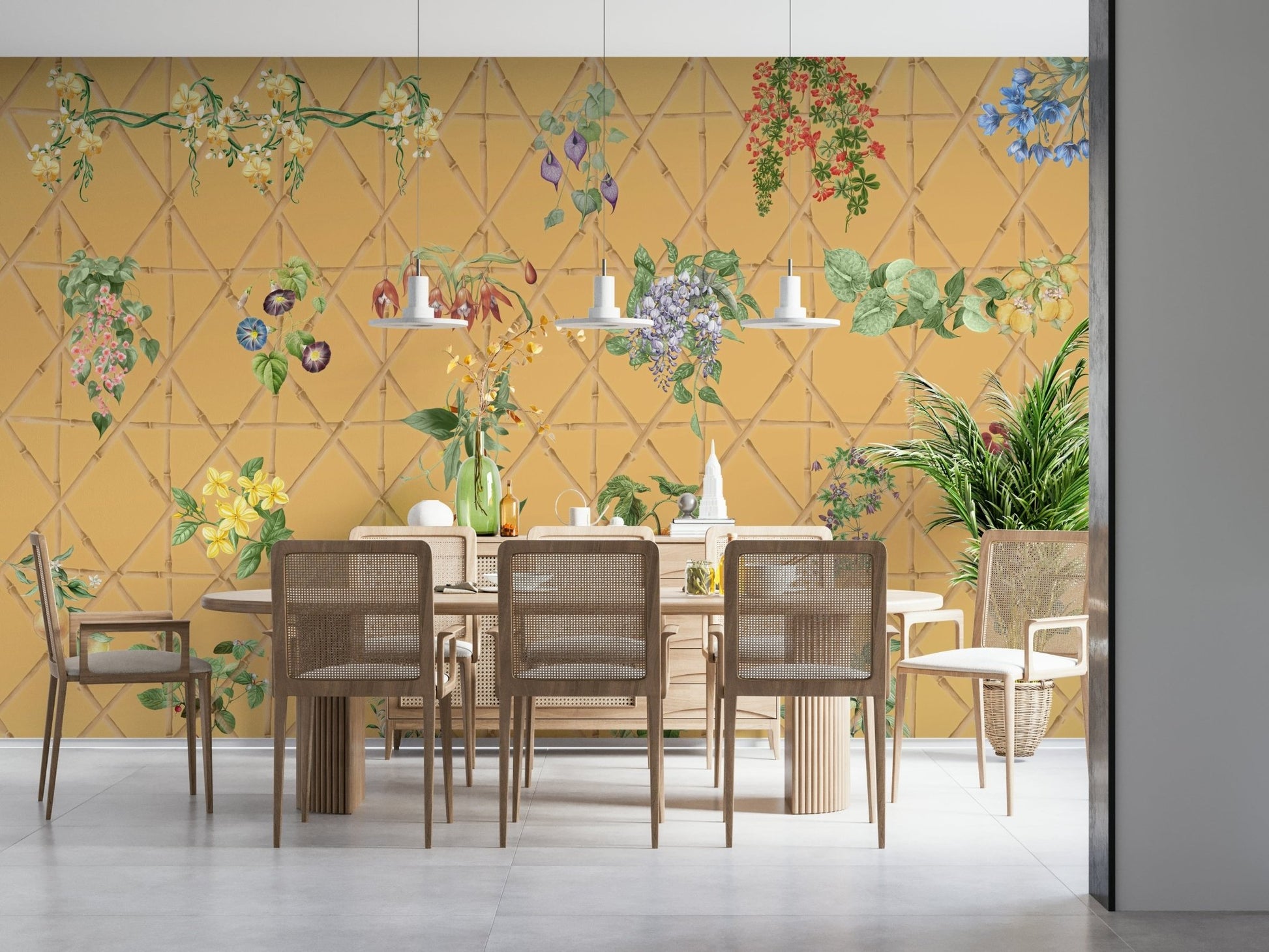 Home office wall with leafy lattice wallpaper mural, tidy backdrop for home styling