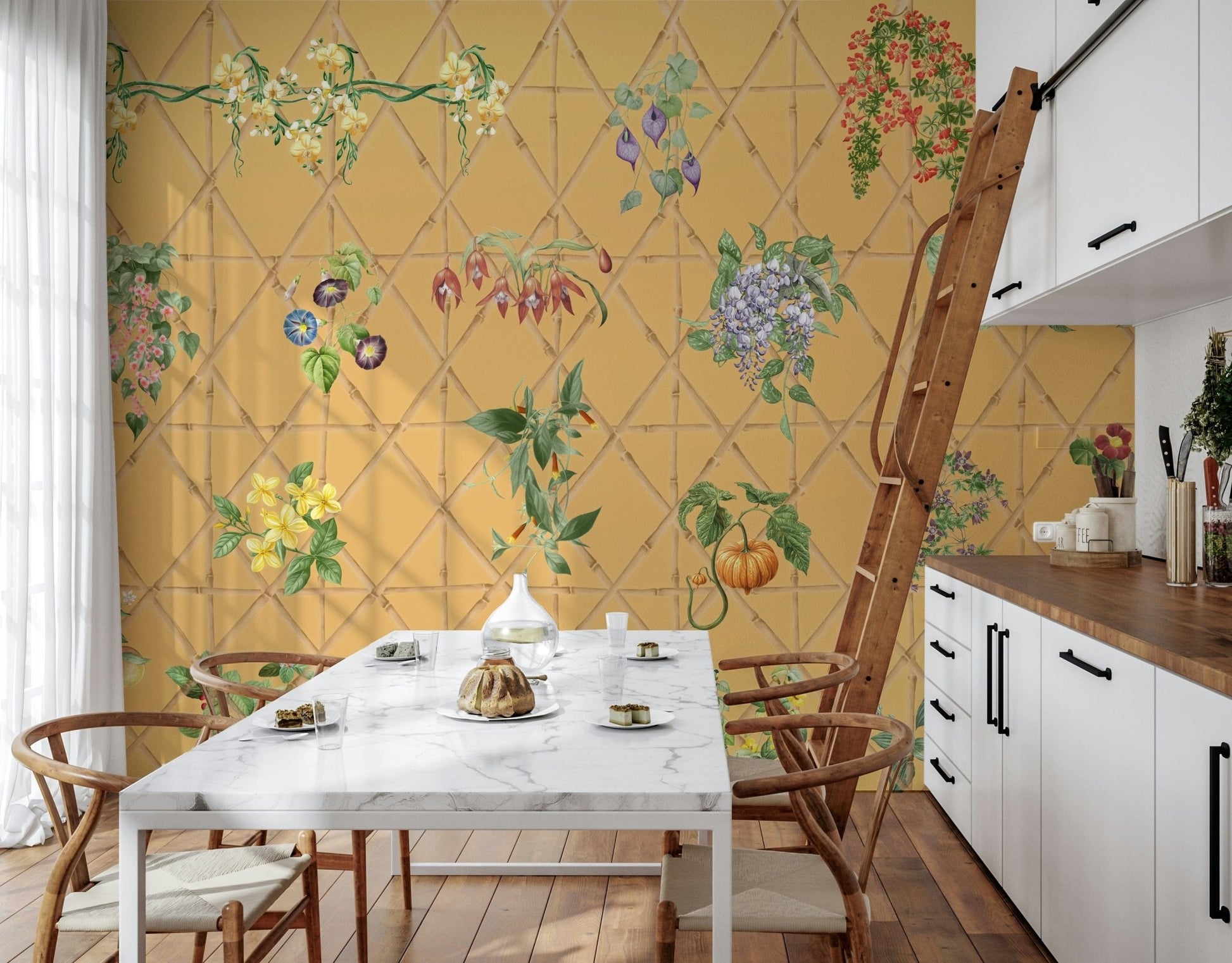 Bedroom headboard wall with lattice botanical mural, gentle colours and clean finish