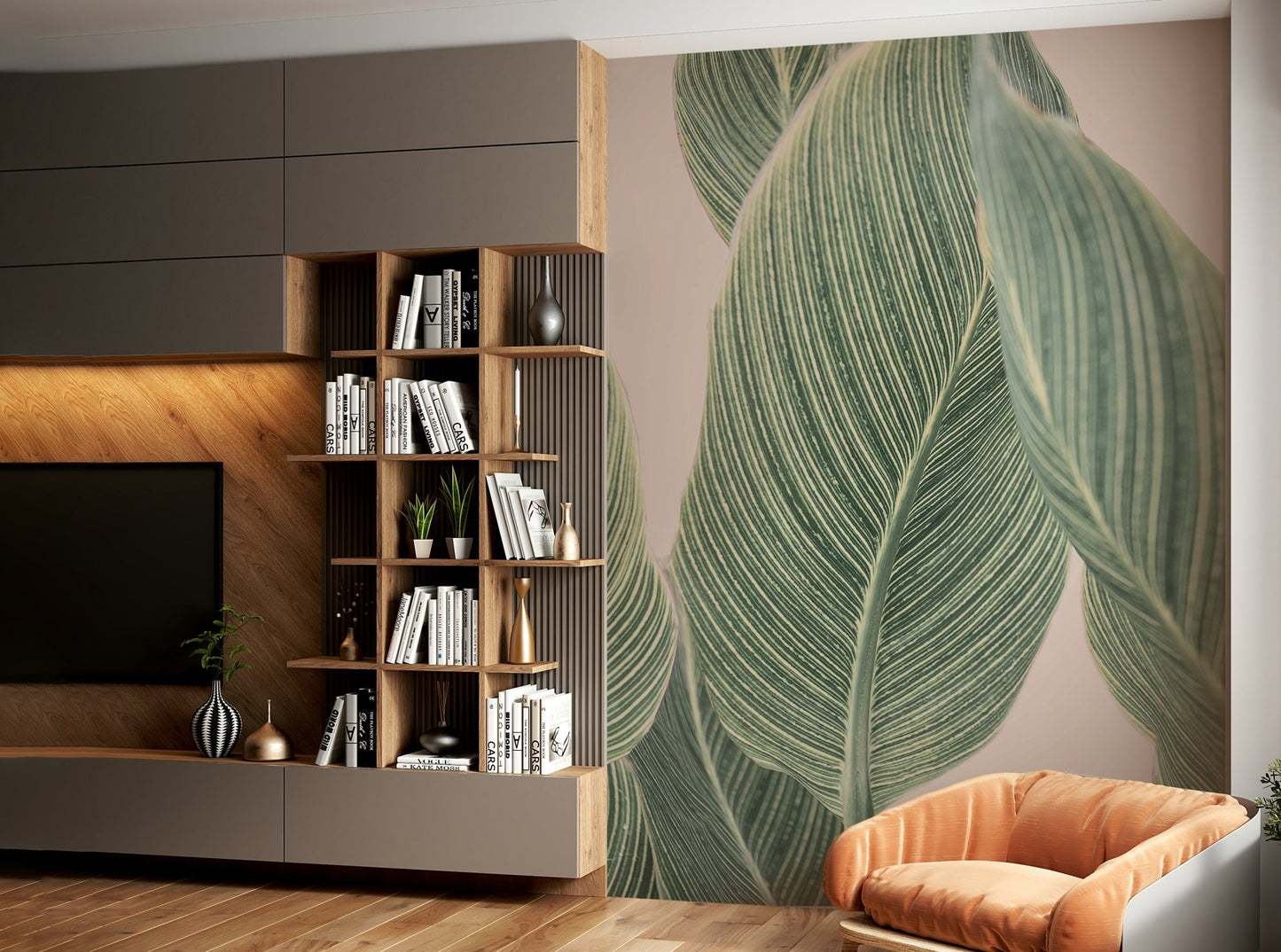 Intricate botanical lines mural with soft green tones.

