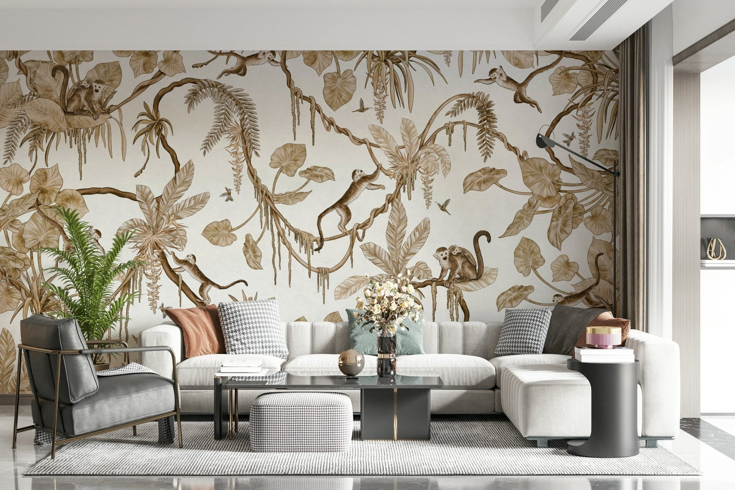 Playful monkeys swinging among lush tropical plants in a vibrant botanical mural