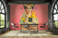 Peaceful wall mural with botanical and feline charm

