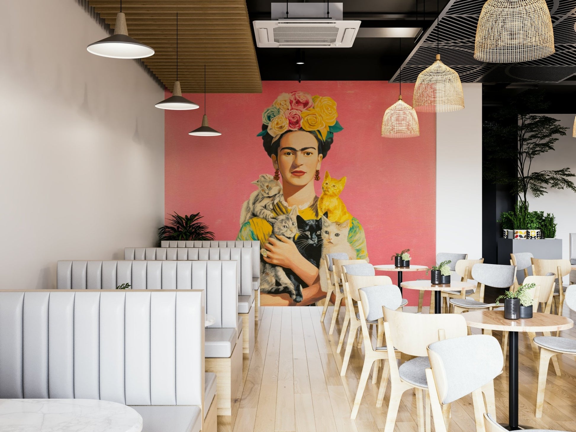 Feminine figure surrounded by plants and felines

