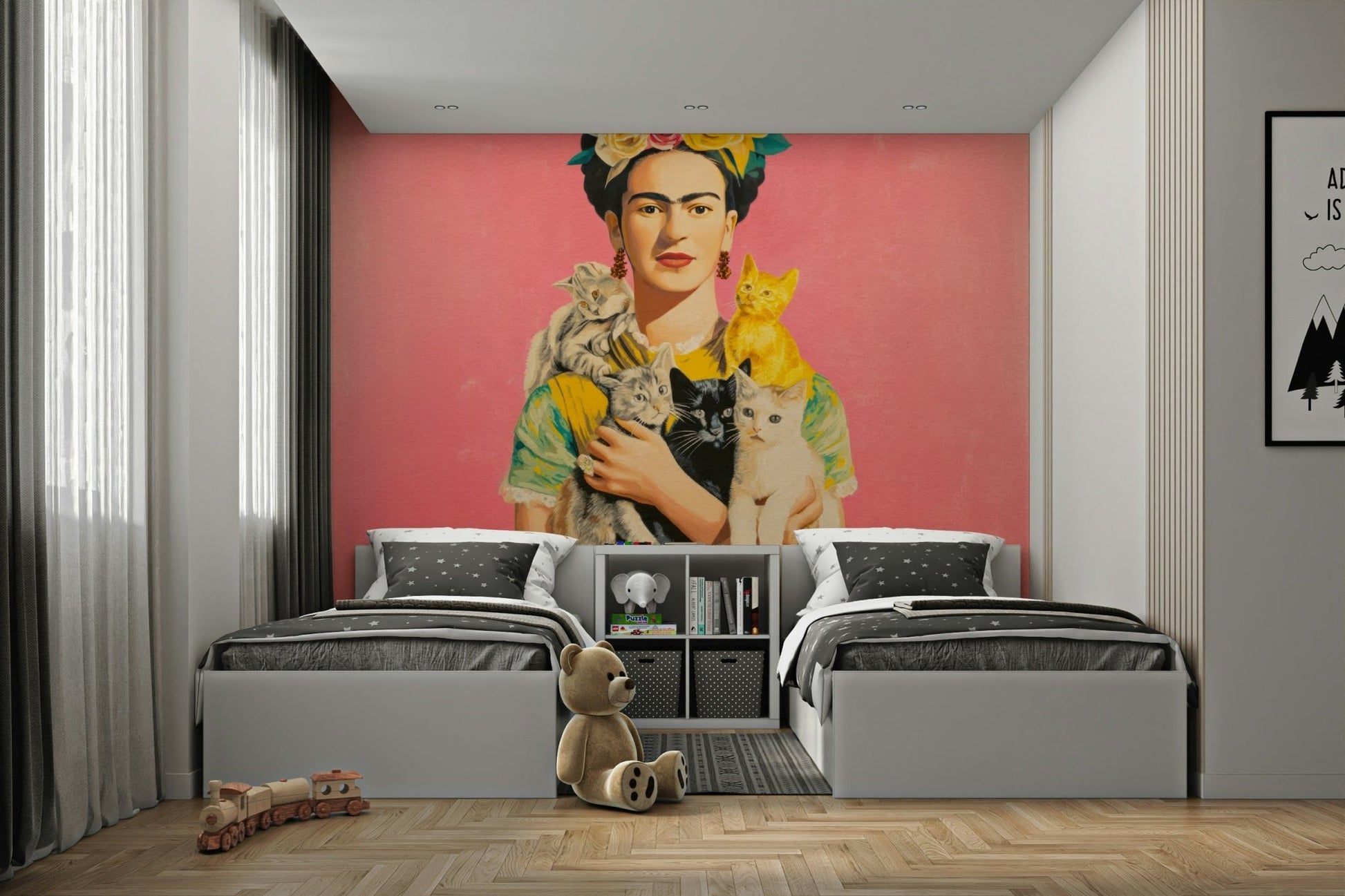 Elegant portrait mural with greenery and cats

