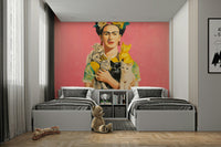 Elegant portrait mural with greenery and cats

