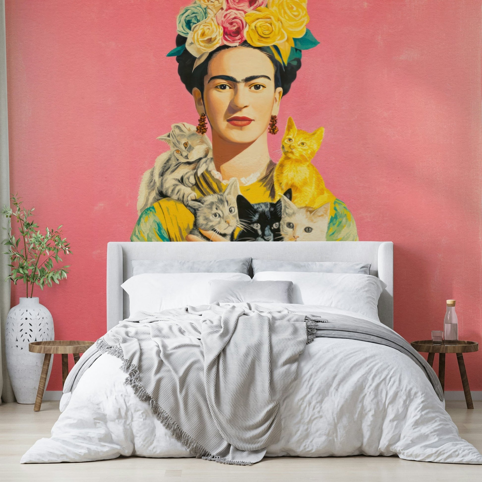 Serene woman and cat mural with floral background

