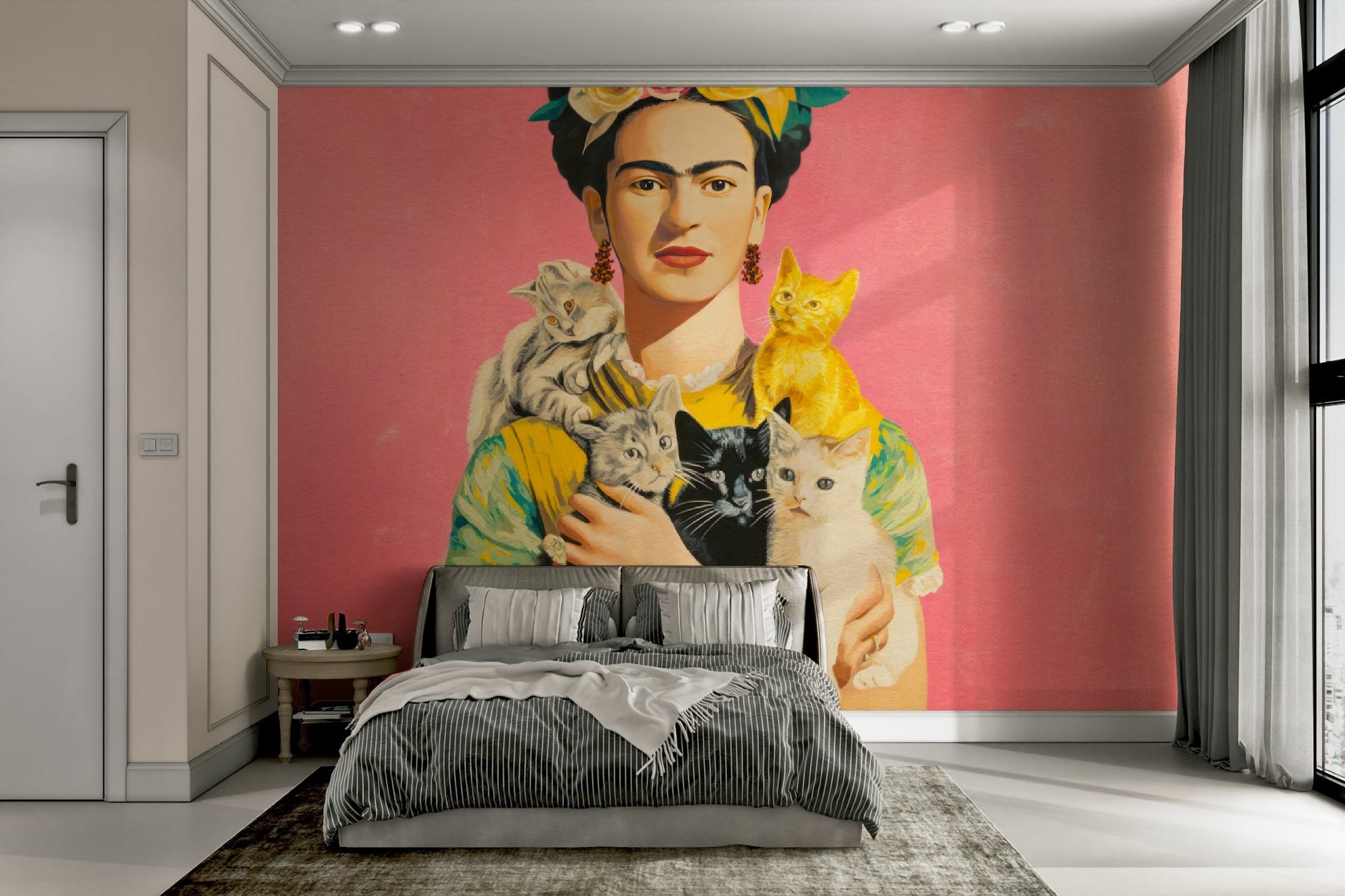 Dreamy mural with cats resting beside floral muse

