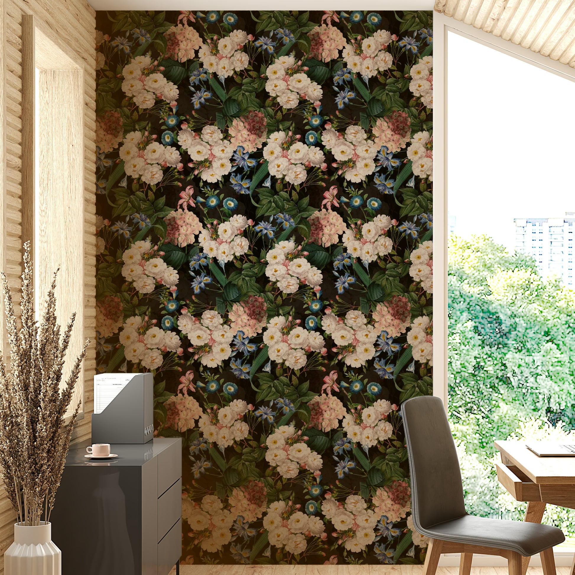 Tropical floral wallpaper in dark blue and purple tones

