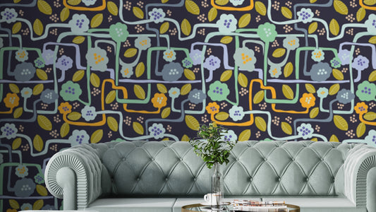 Botanical nighttime serenade wallpaper with dark floral tones.
