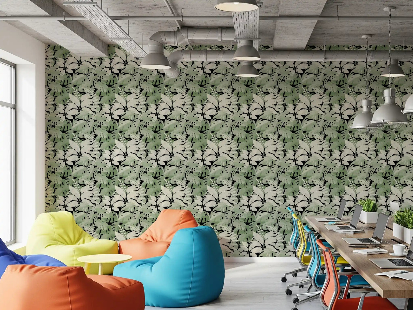 Sage leaf wallpaper with cream foliage on a deep black background