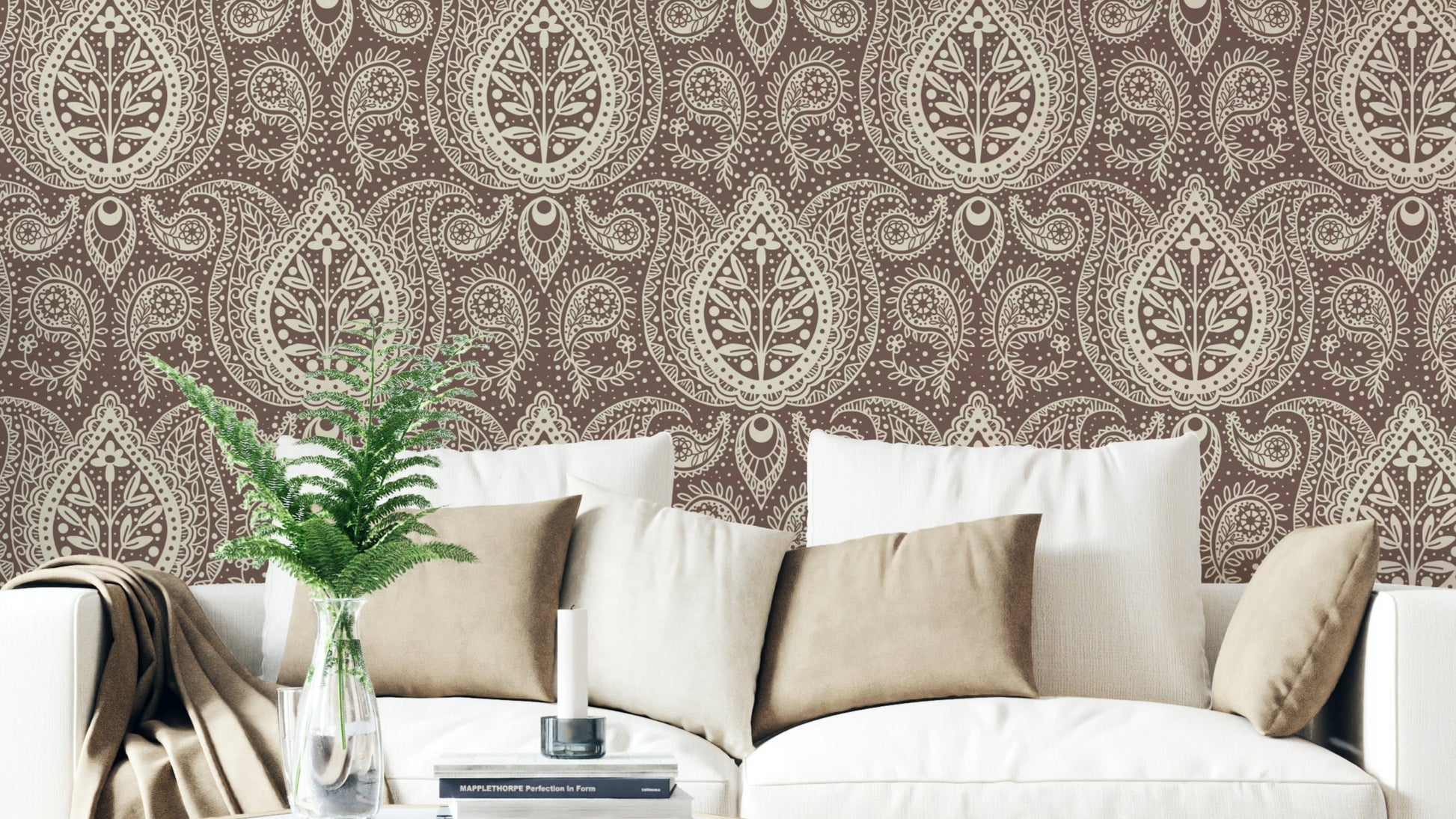 Mocha brown wallpaper with paisley patterns

