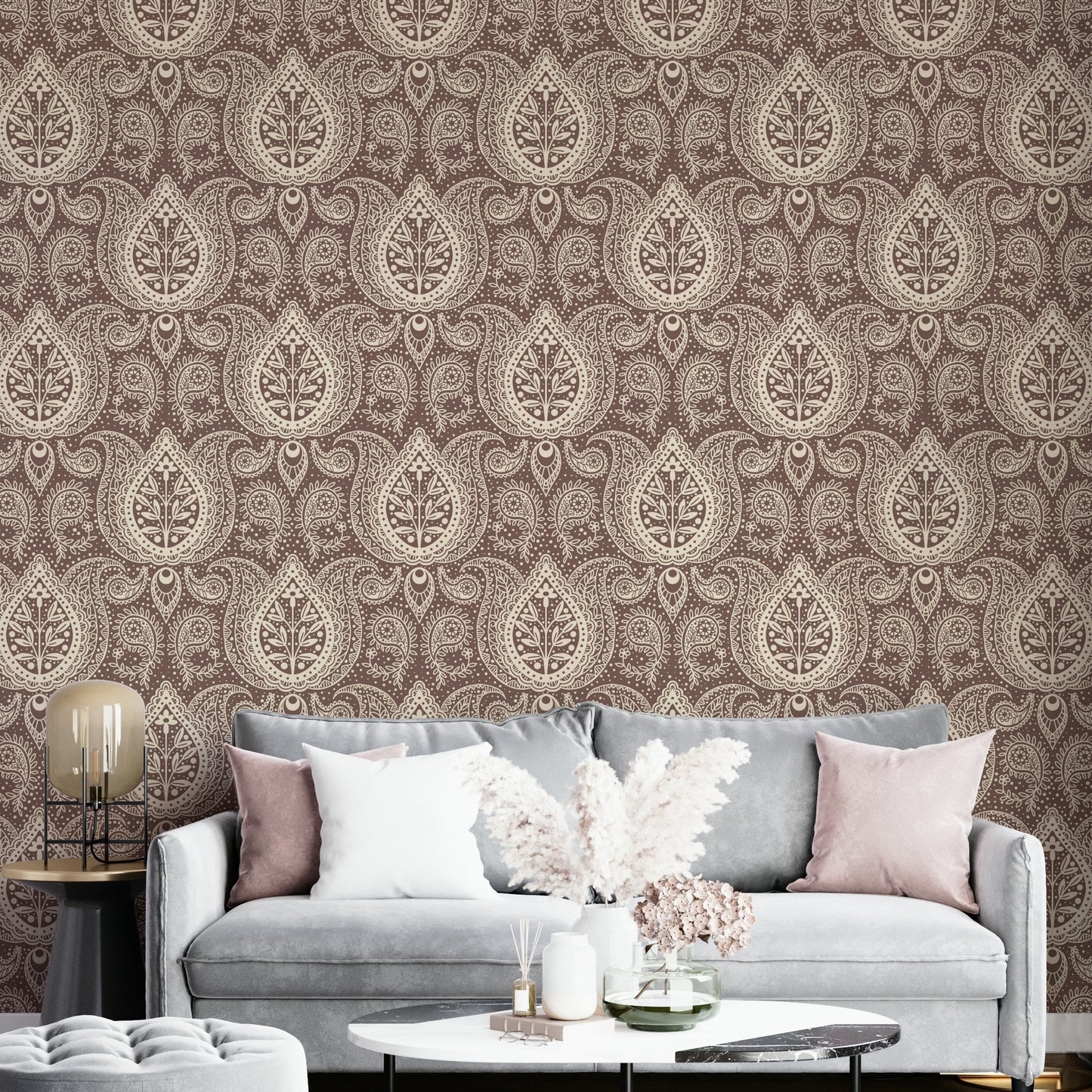 Ornate paisley design in subtle brown hues

