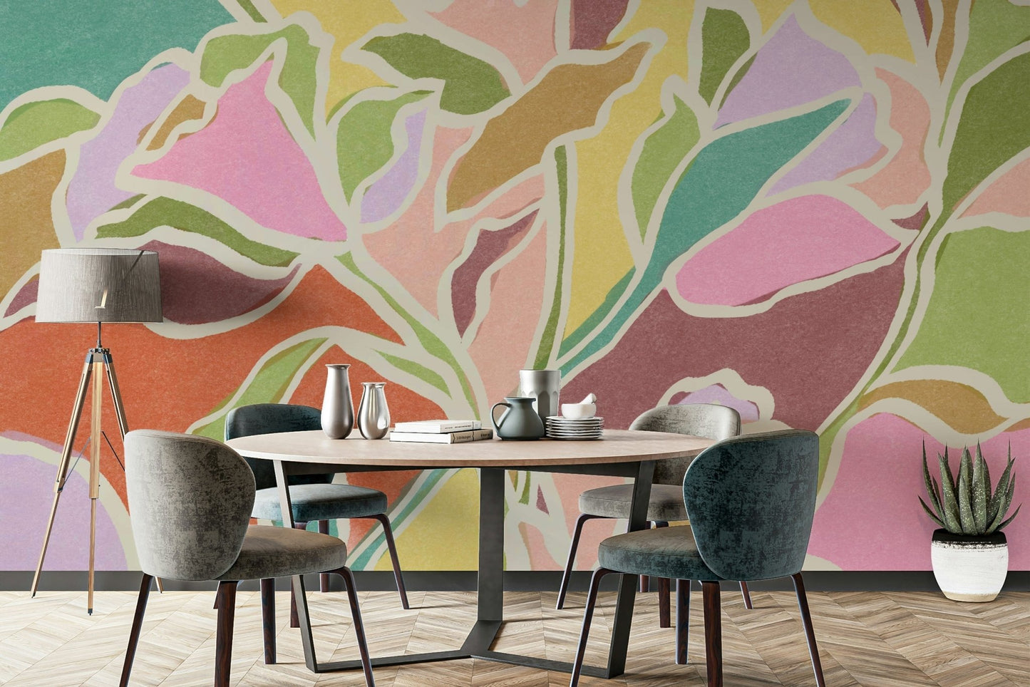 The design has a layered, artistic look, like a watercolor painting.

