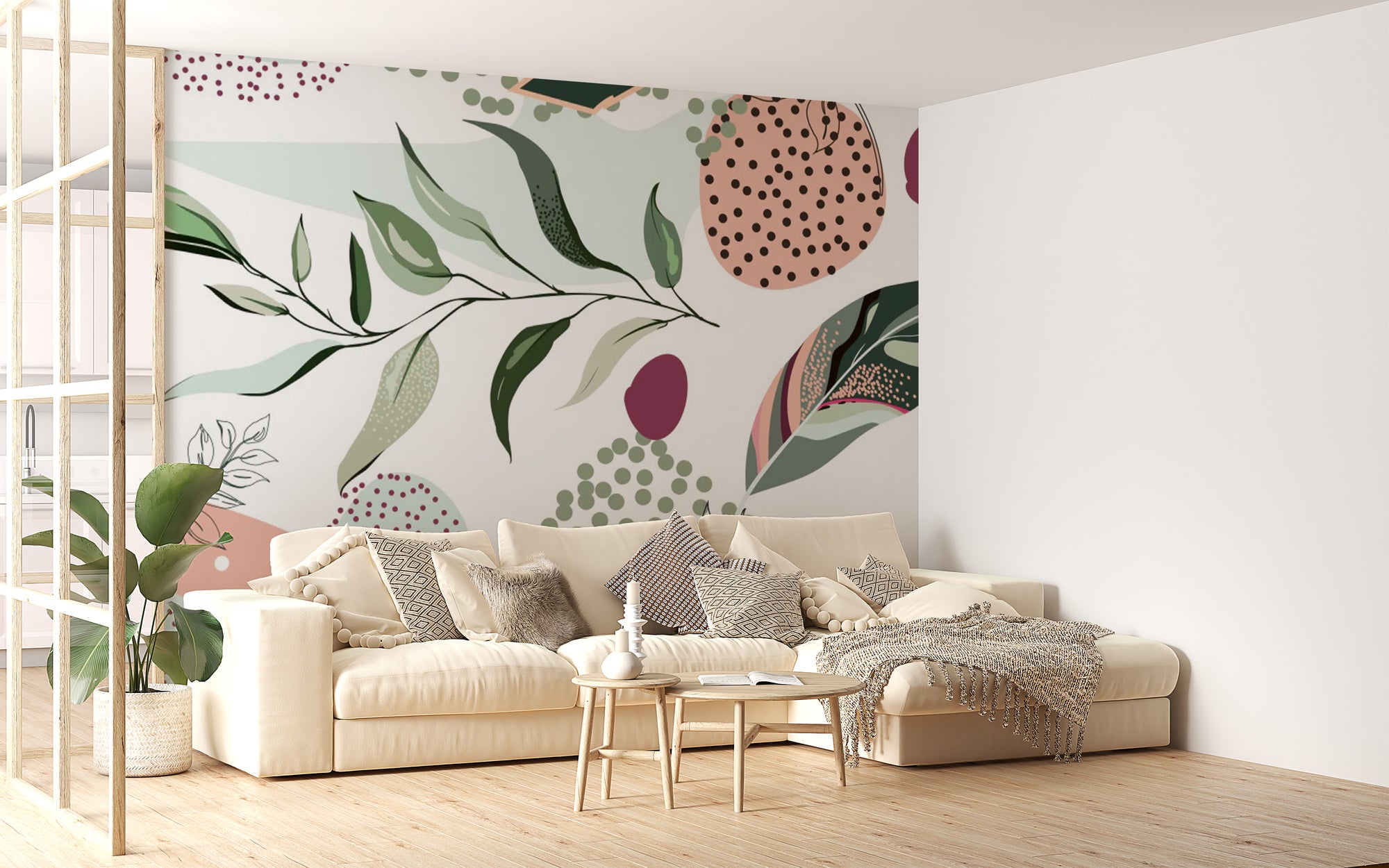 Botanical pattern abstract leaves hallway wall mural with soft sage green tones.