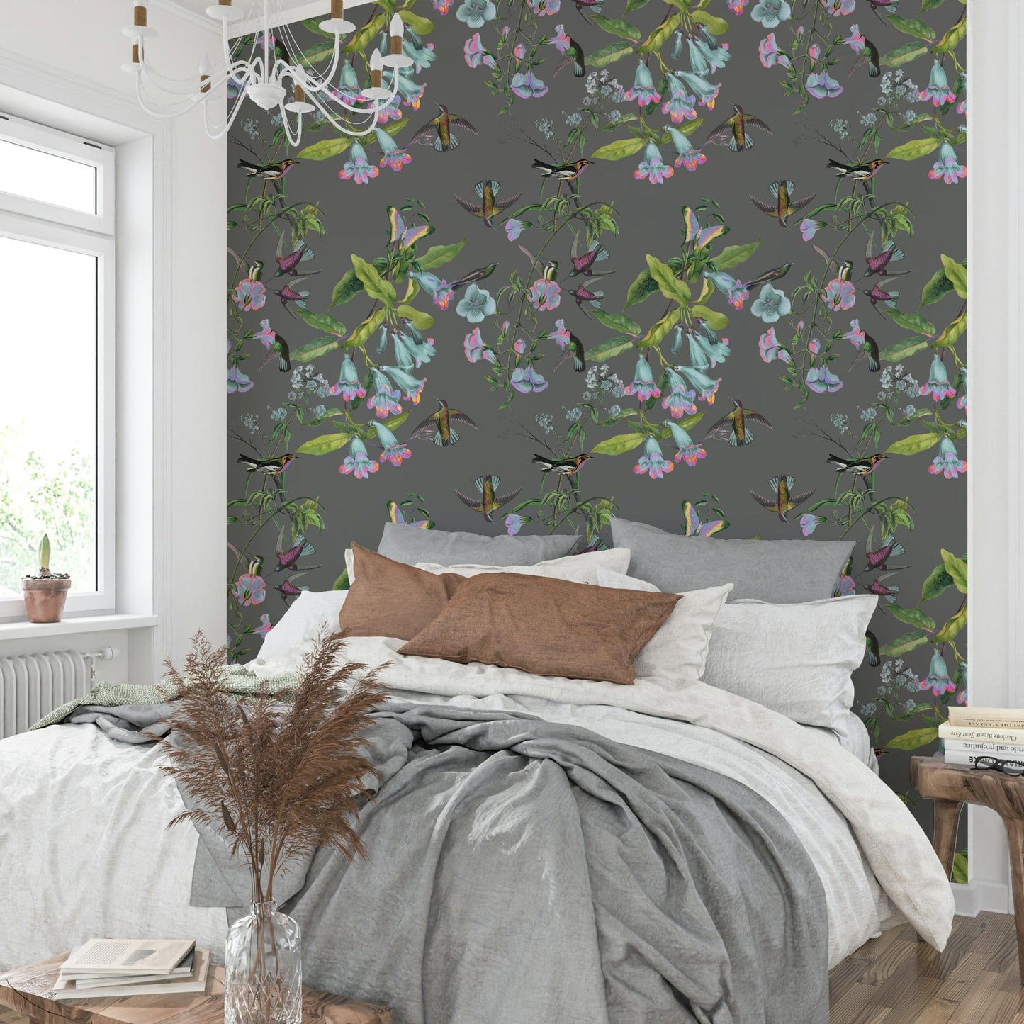 An artistic leafy pattern mural on minimalist wallpaper.

