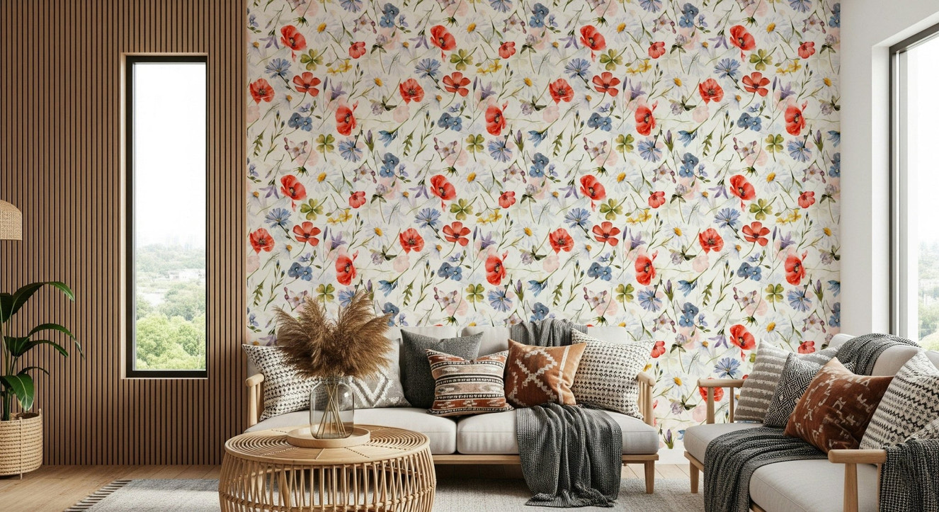 Botanical Serenity wallpaper for walls featuring delicate watercolor wildflowers pattern.