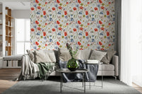 Daisy, poppy, and blue flower motif, Botanical Serenity, a vibrant summer feel.