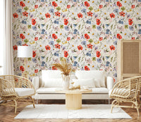 Peel and stick Botanical Serenity with bright poppies, daisies, clover, and bluebells.