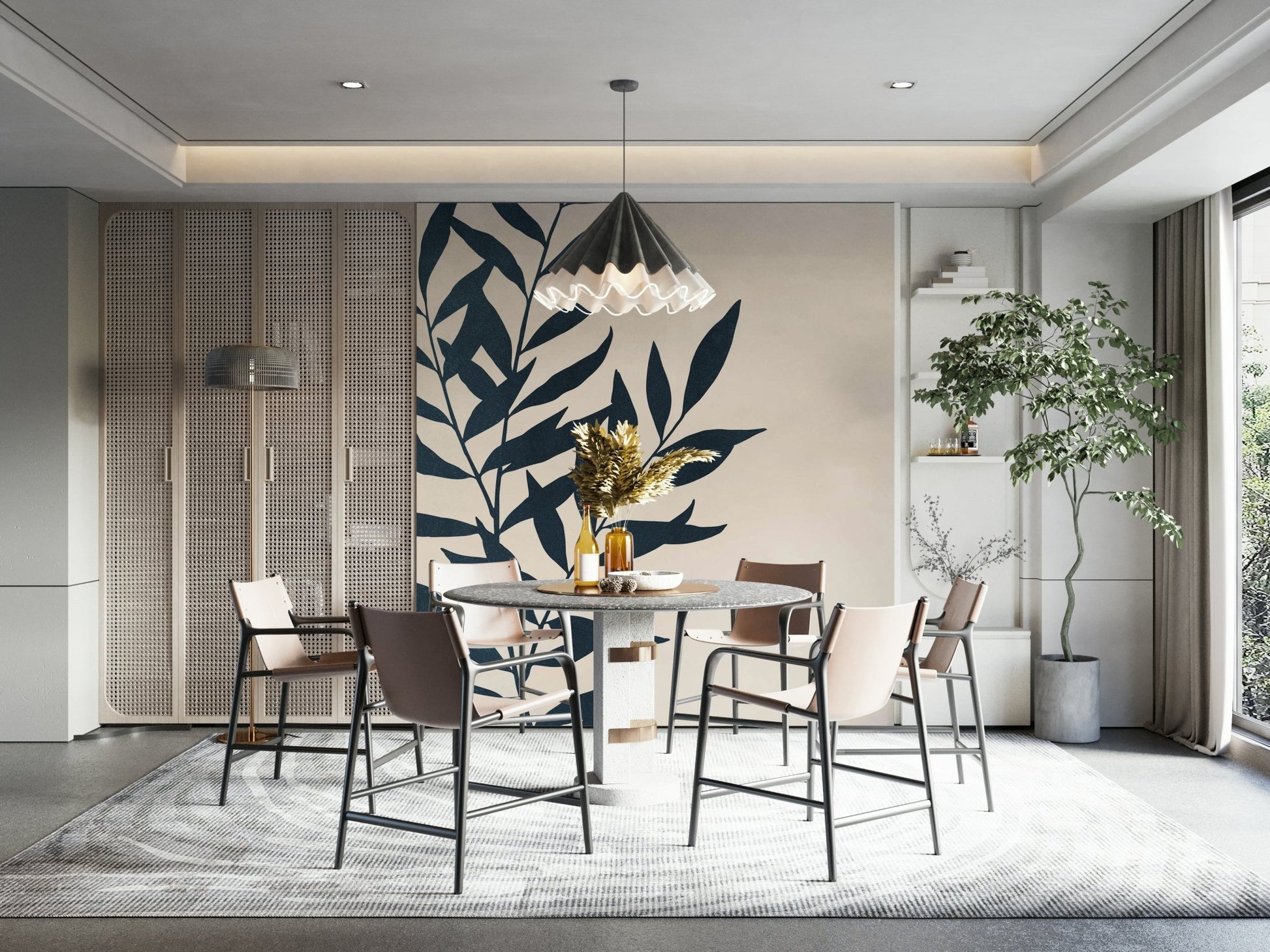 Dark plant outlines on a neutral background in wall mural.

