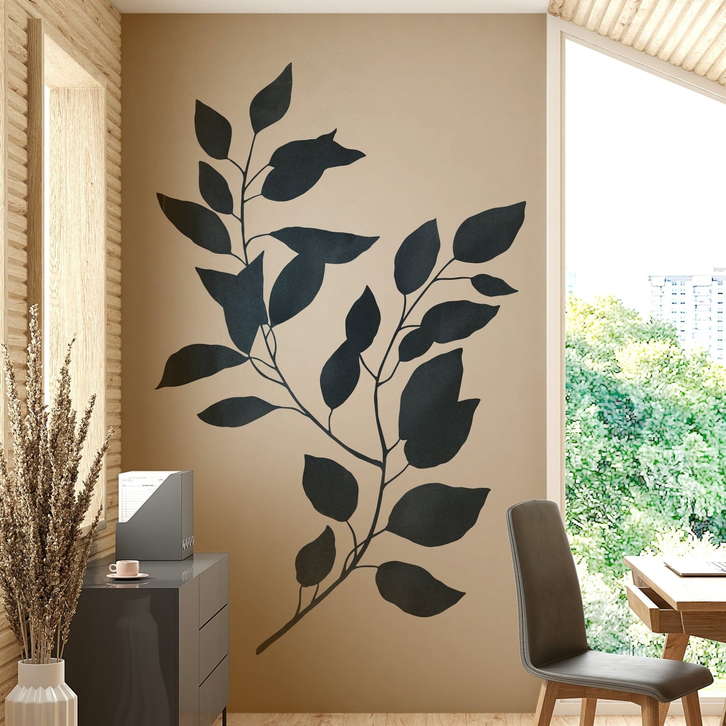 Minimalist botanical silhouette wallpaper mural for modern interiors.

