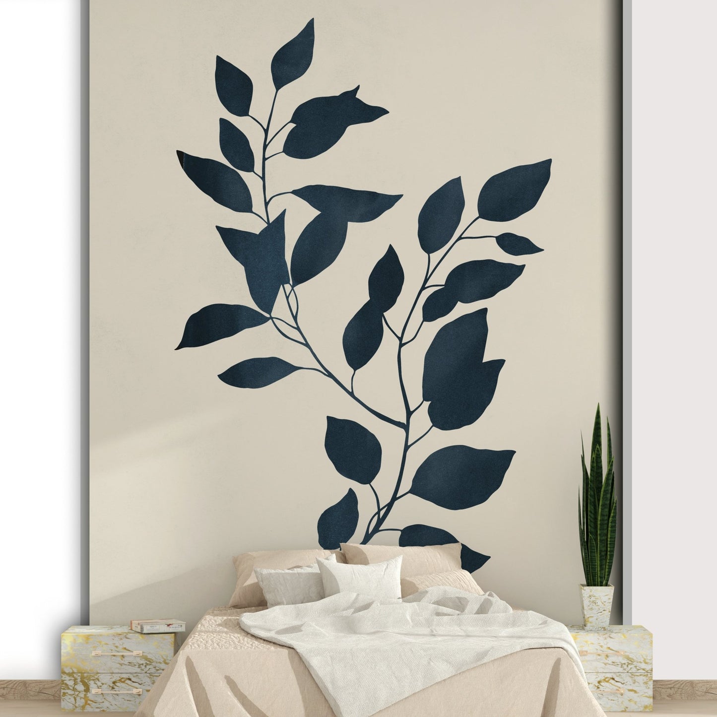 Dark plant silhouettes on a neutral backdrop in wall mural.

