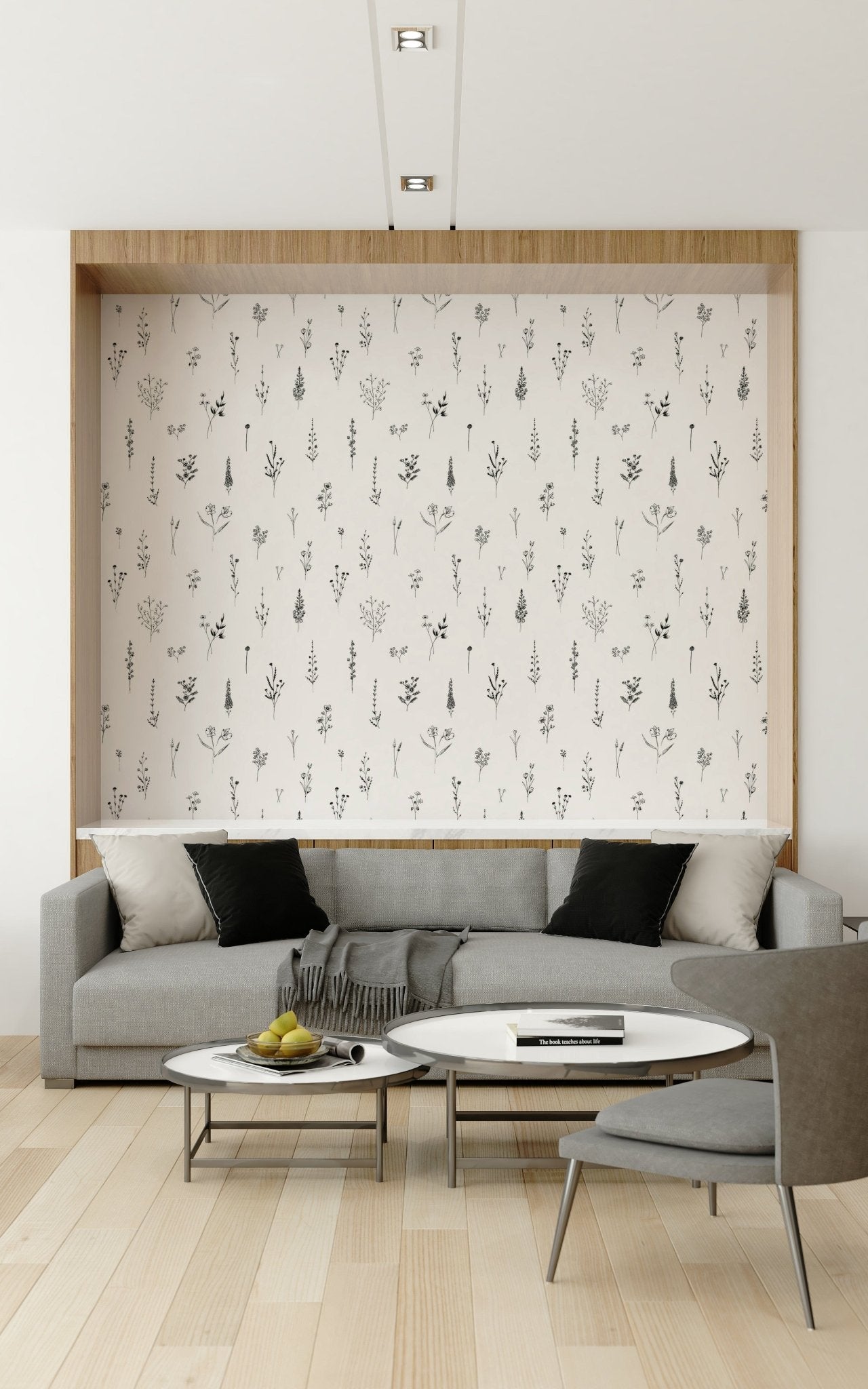 Artistic floral sketch pattern with small wildflower motifs dispersed over a pale neutral base