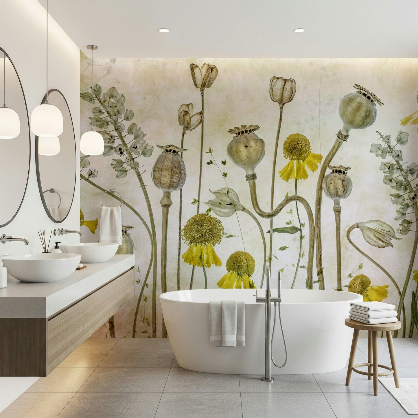 A calming floral design wallpaper mural that defines a space.

