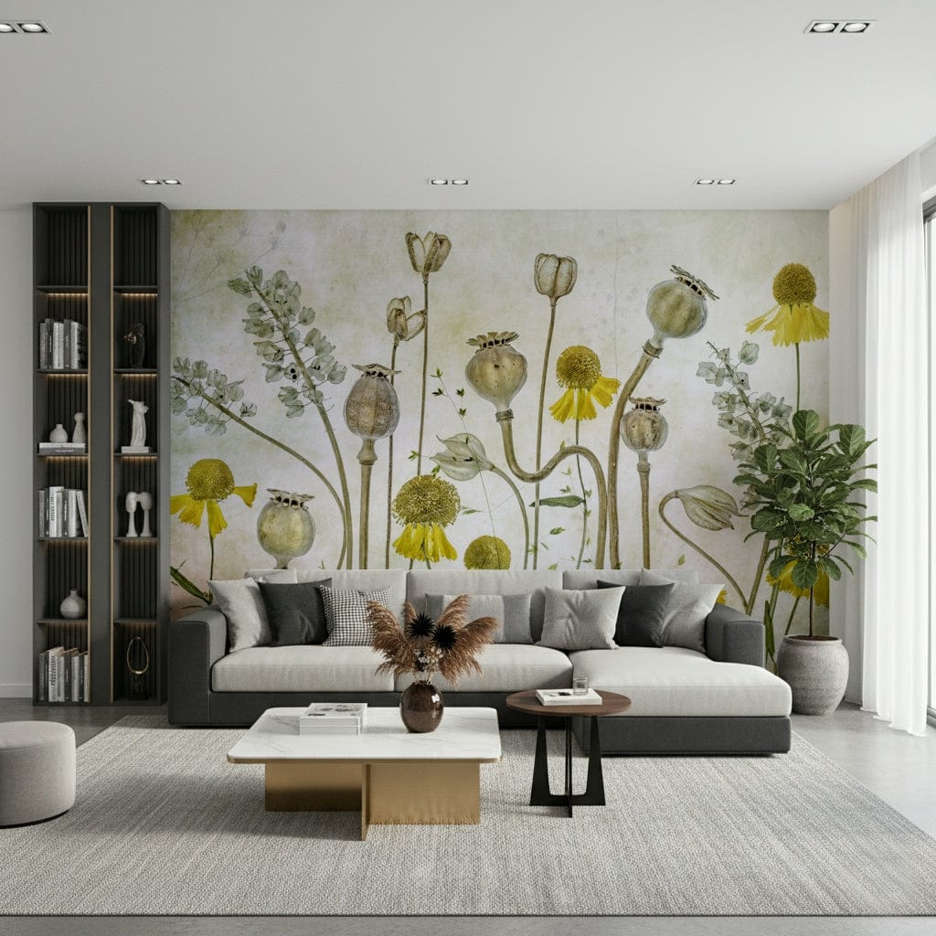 A contemplative dark floral wallpaper mural for a feature wall.

