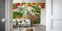 Vintage-inspired wall mural with botanical flowers and leaves

