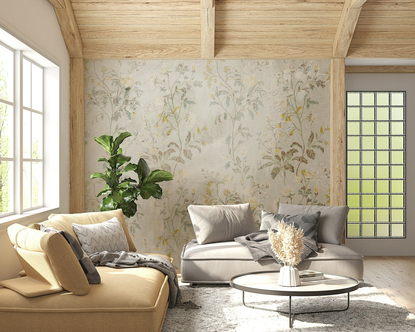 Greenery Wall Mural – Soft, layered botanical design evoking a peaceful garden atmosphere indoors.