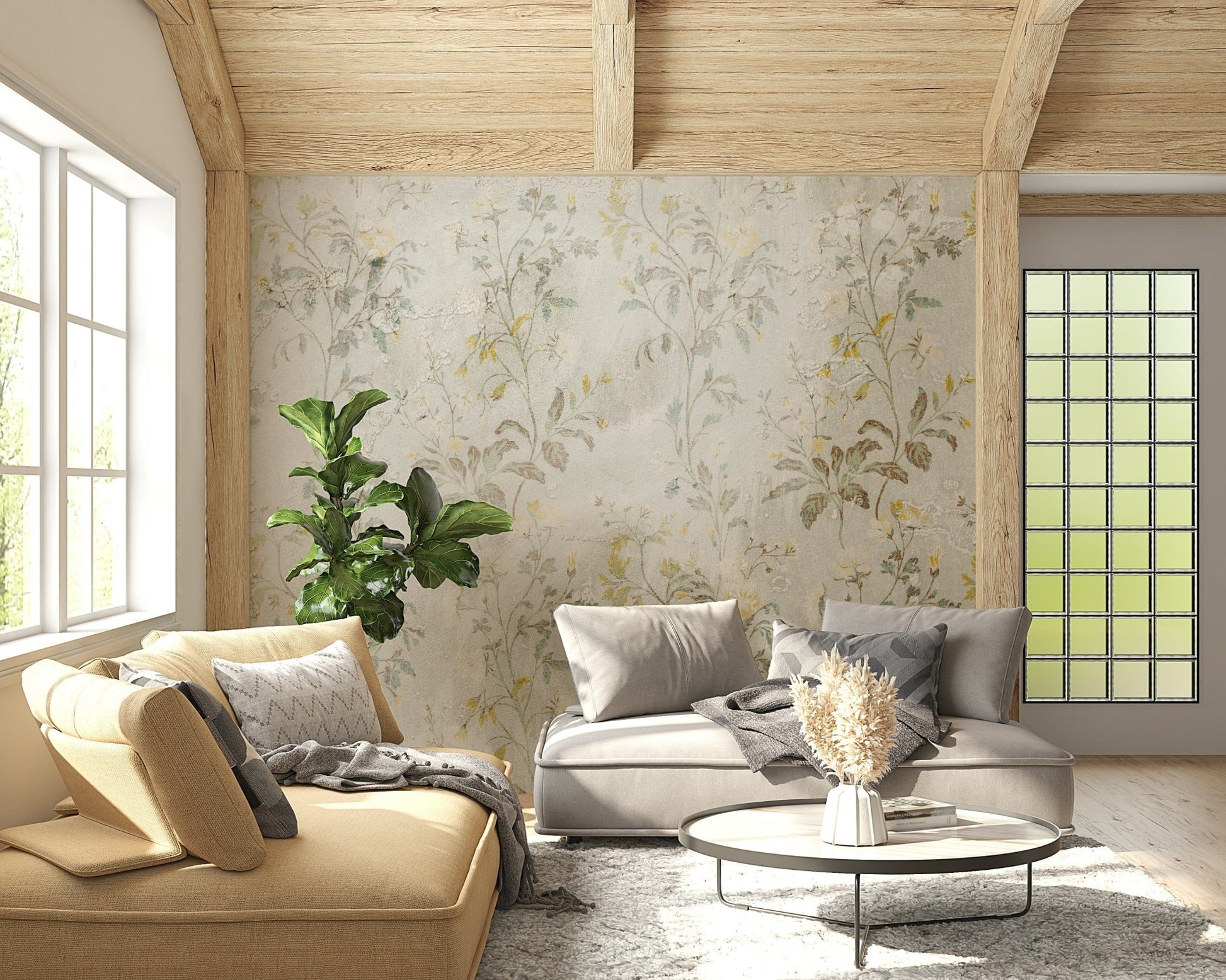Greenery Wall Mural – Soft, layered botanical design evoking a peaceful garden atmosphere indoors.