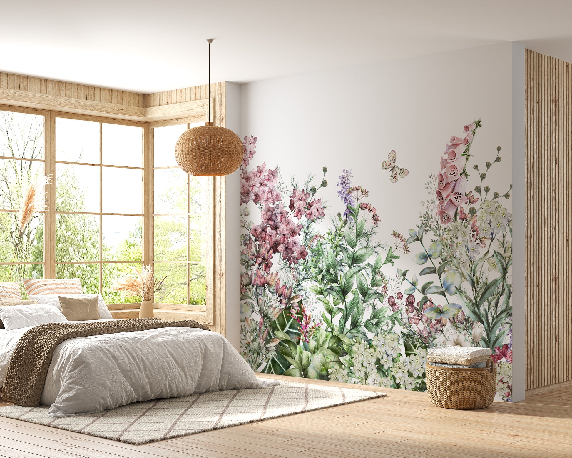 Botanical wallpaper mural with wildflowers and herbs