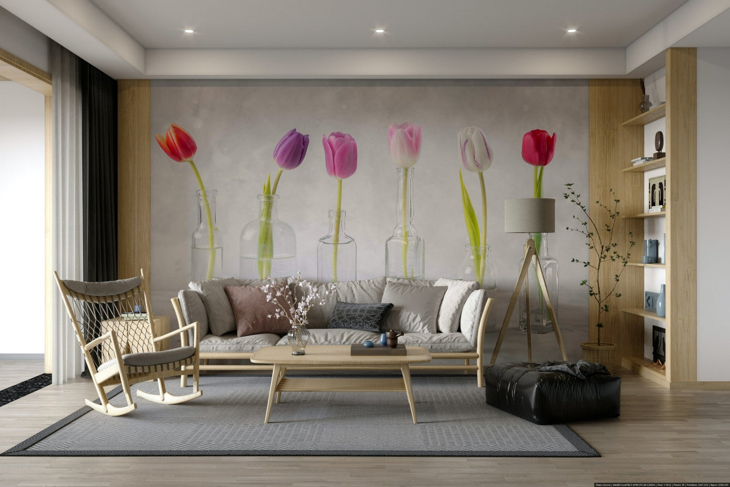 The print captures fine details of the petals, water in the vases, and the glass's reflective quality.

