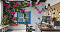 Bougainvillea by Blue Window Wall Mural