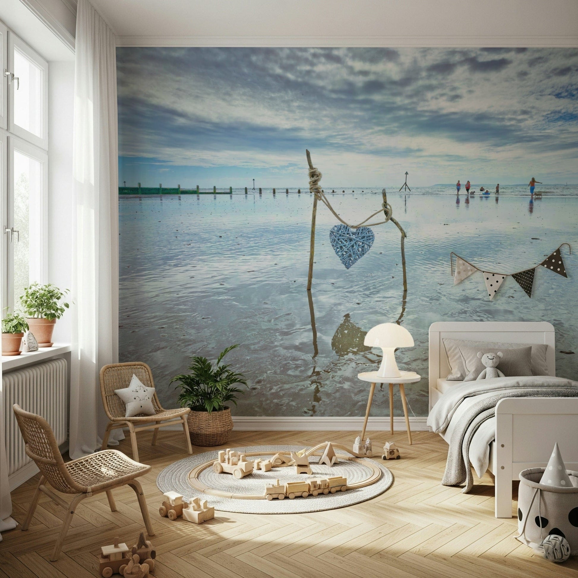 Rustic frame displaying Bound by Love mural distant figures.