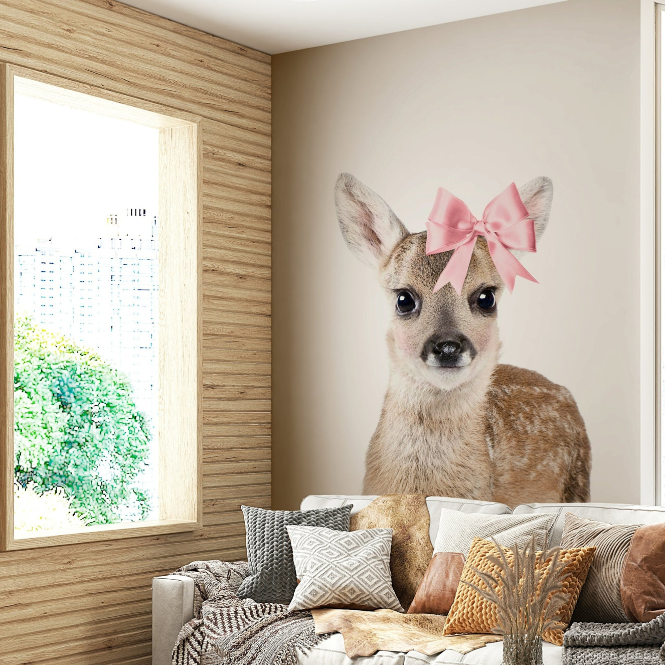 Bow-tiful Deer Wall Mural with a deer adorned with a bow

