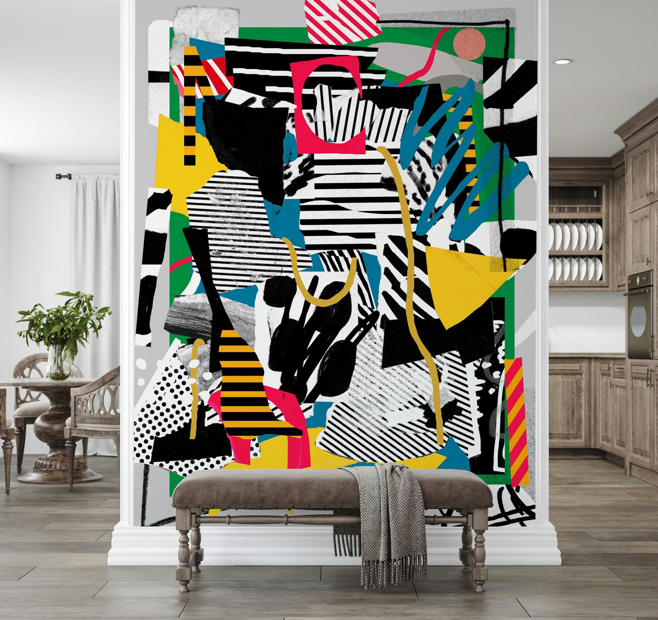 An artistic soccer player mural on minimalist wallpaper.