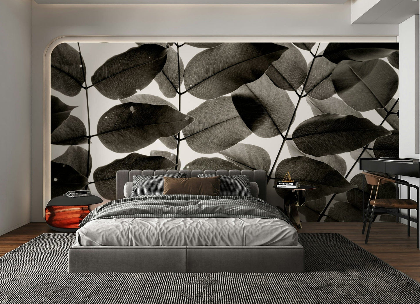 A graceful subtle leaf wall mural in cool, natural tones.

