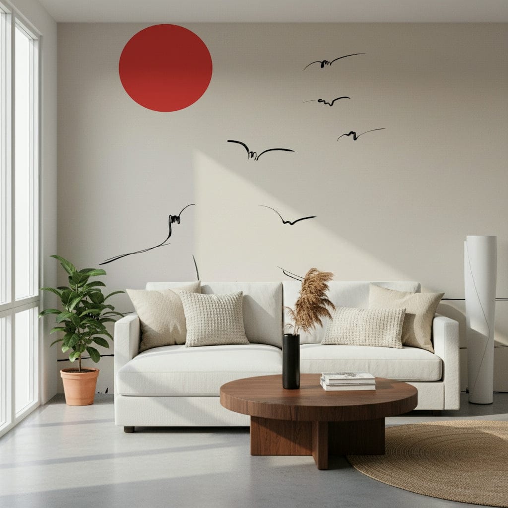 Break Free wall mural with a red sun and inked flying birds on cream behind a white sofa and round wood table