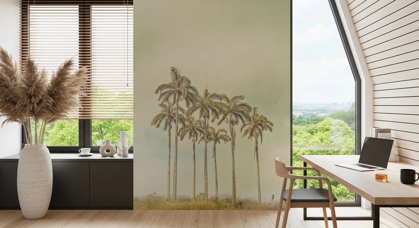 A modern Breezy Palms Wall Mural with slender palm silhouettes.