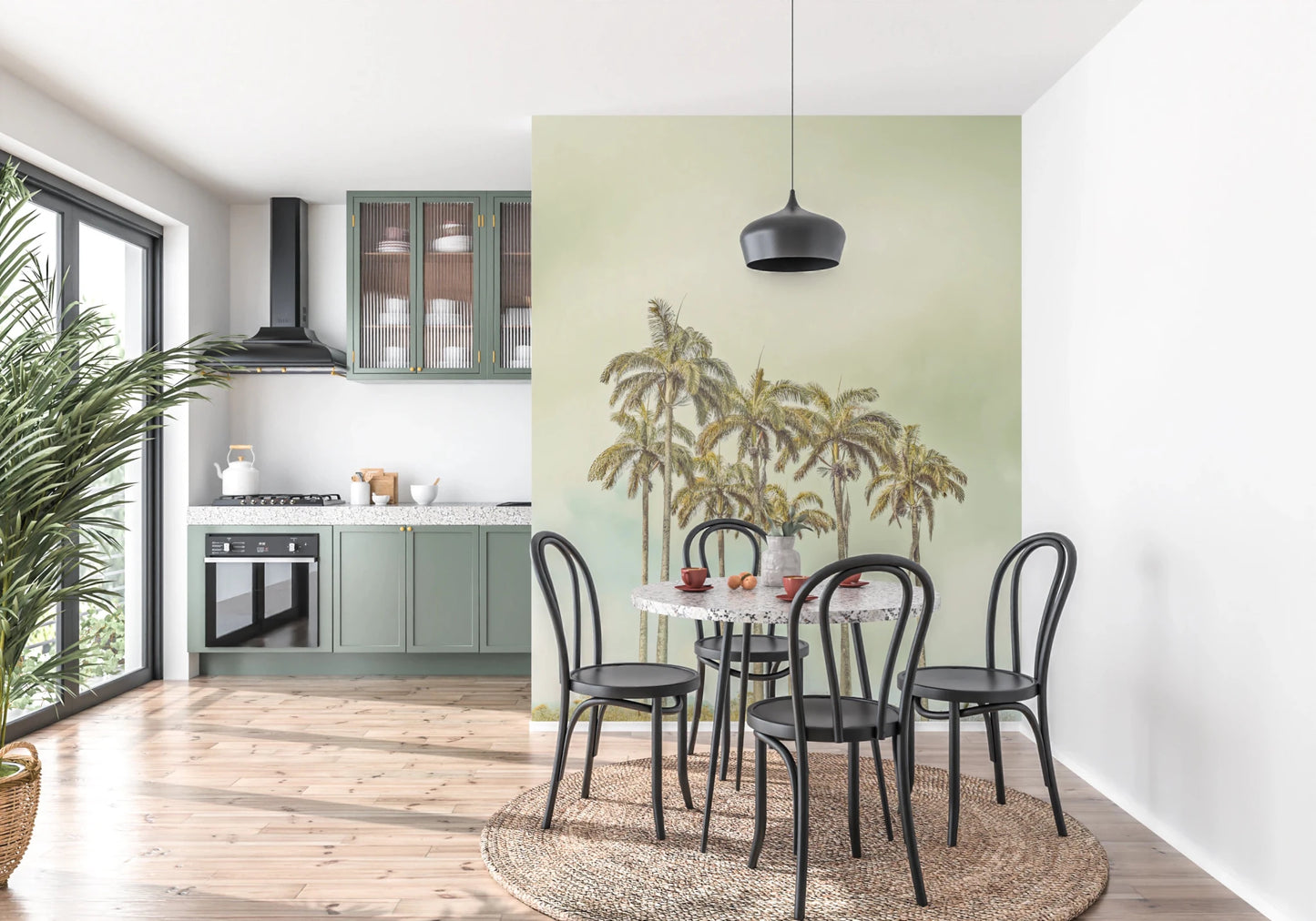 Tall palm trees kitchen wall design on the Breezy Palms Mural.