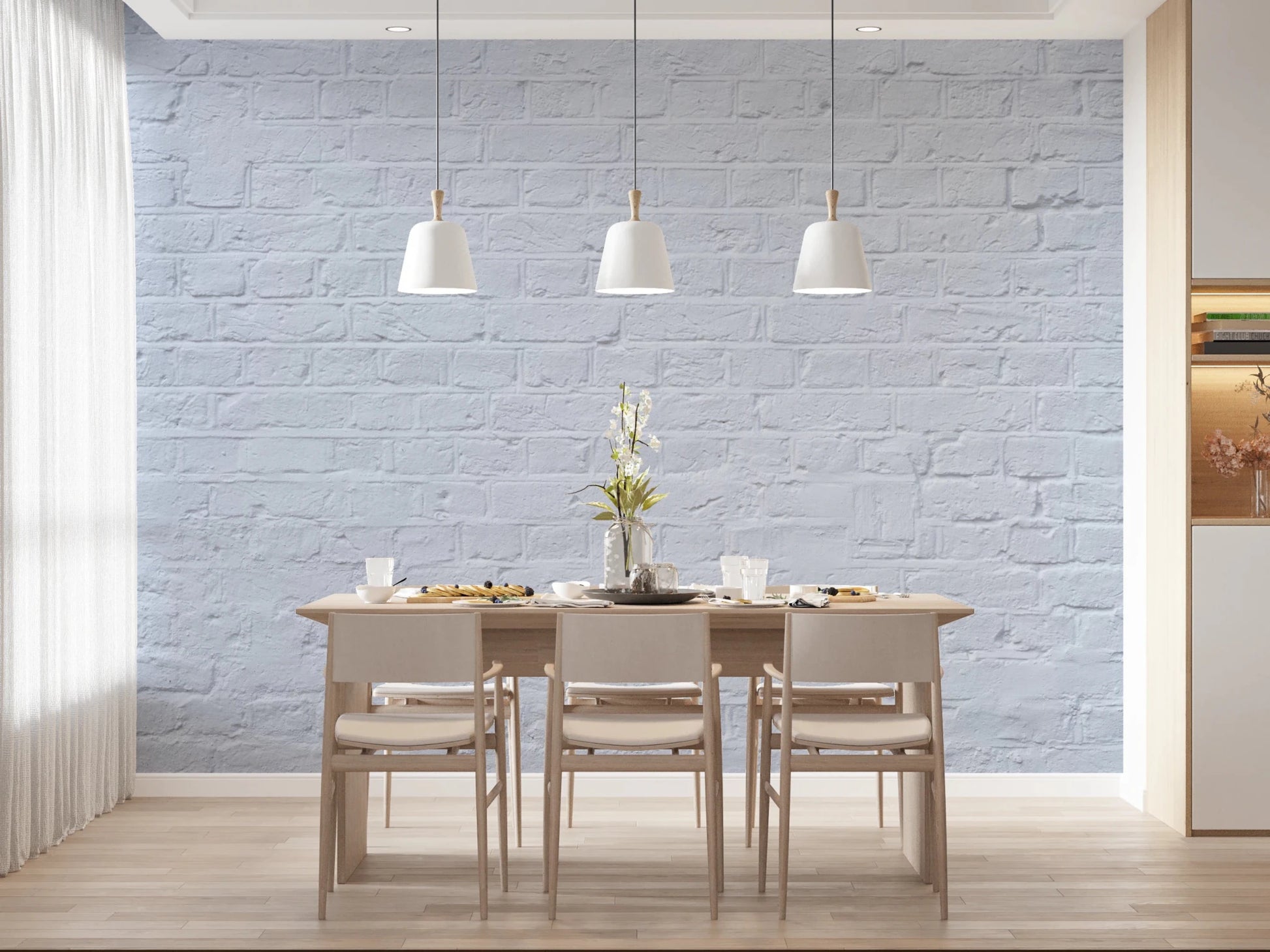 Rustic red brick wall mural providing a classic industrial texture for dining area