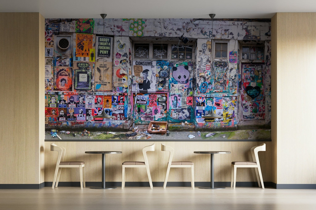 A wall mural with a graffiti pattern.

