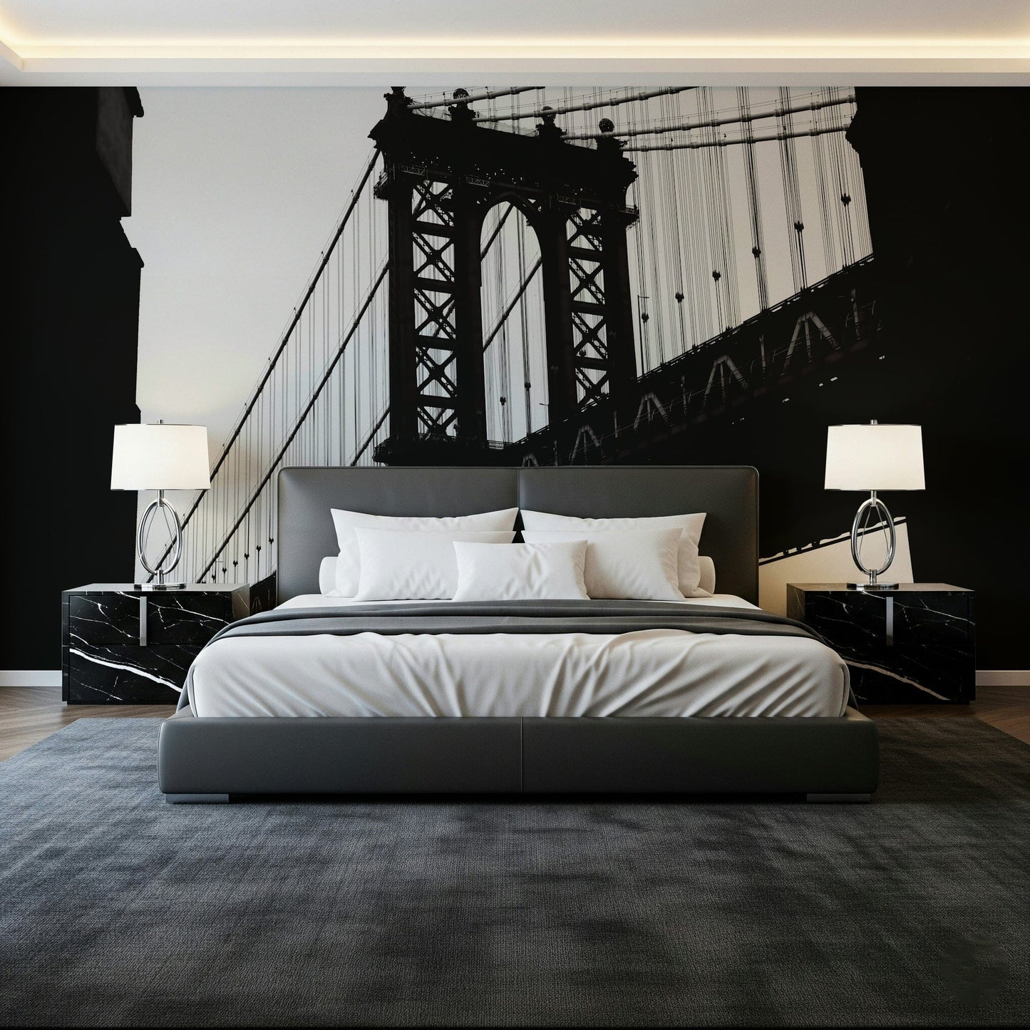 Urban Span: Bridge Silhouette Wall Mural — modern cityscape with a bold bridge outline.