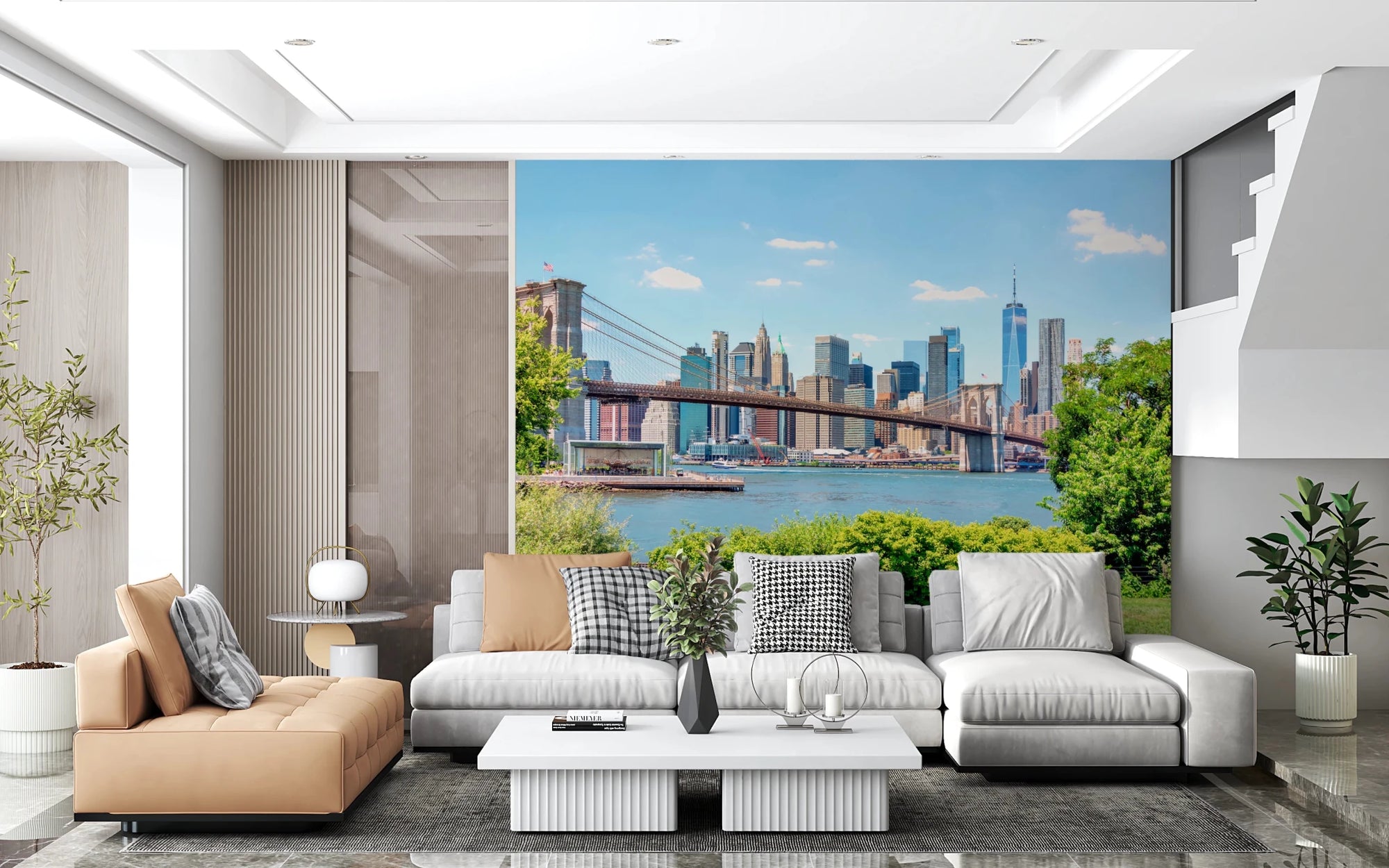 Bridge to Manhattan wall mural of the Brooklyn Bridge and city skyline behind a tan chaise and grey sectional sofa